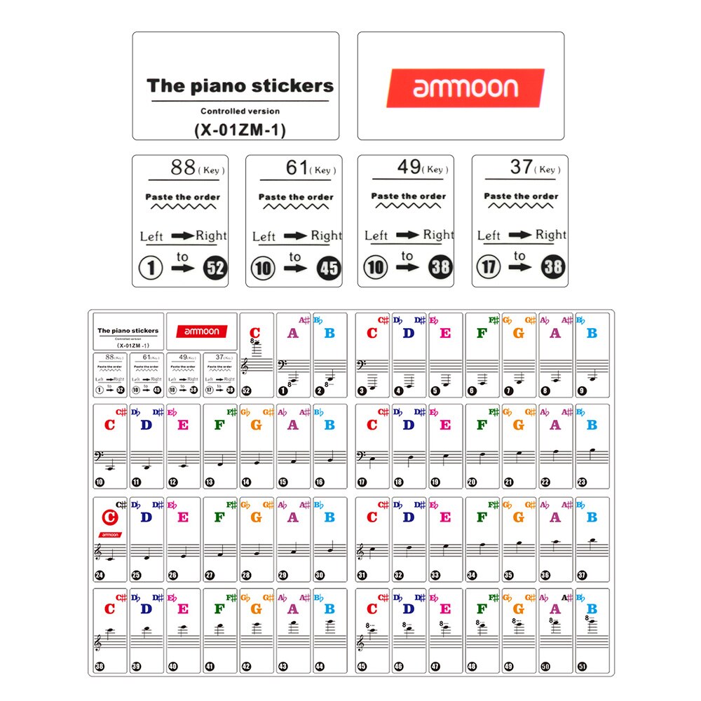 Ammoon Piano Kleurrijke Toetsenbord Stickers Voor 37/ 49/ 61/ 88 Key Toetsenborden Verwijderbare Voor Kinderen Beginners Piano praktijk Leren