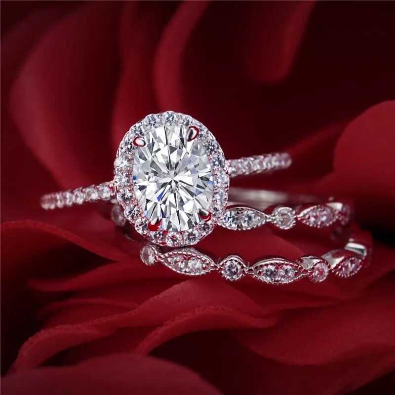 Newshe Solide 925 Sterling Silber Hochzeit Engagement Ring Set Für Frauen Oval Form AAAAA Zirkone Art Deco Bands Klassische Schmuck
