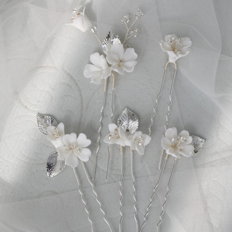SLBRIDAL fatto a mano Ceram Fiore del Foglio Della Lega di Perle Da Sposa Capelli Spille Capelli etichetta Accessori per Capelli Da Sposa Damigelle D'onore Dei Monili Delle Donne
