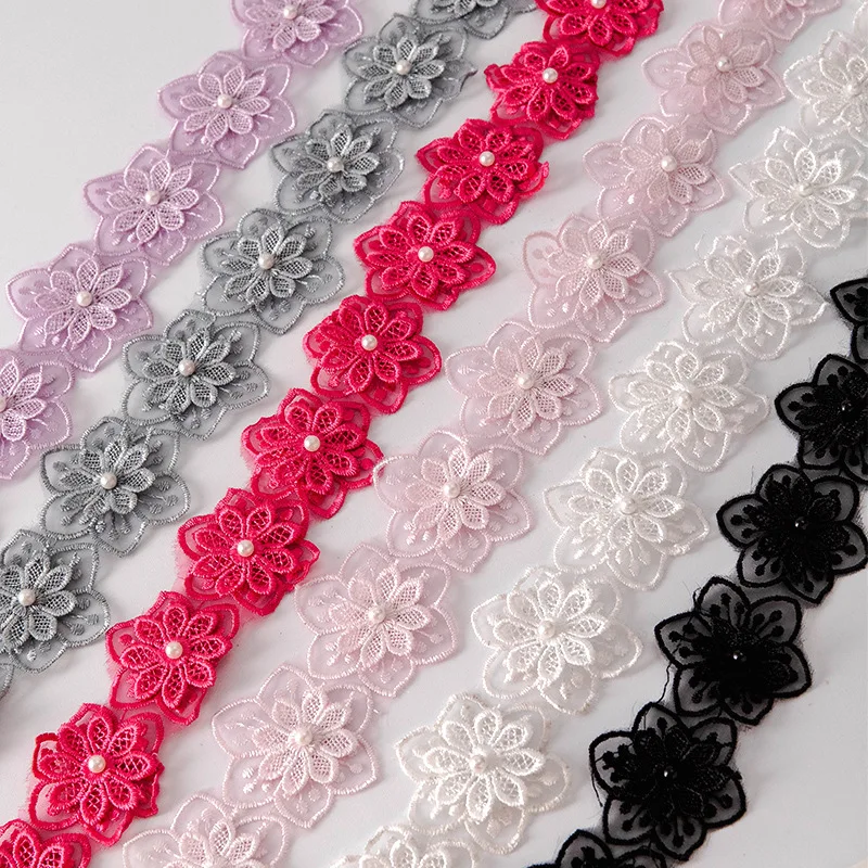 2 Yard Bloem Parel Kant Geborduurd Gebreide Zes Bloembladen Kralen Dubbellaags Trouwkleding Accessoires Diy Handgemaakte