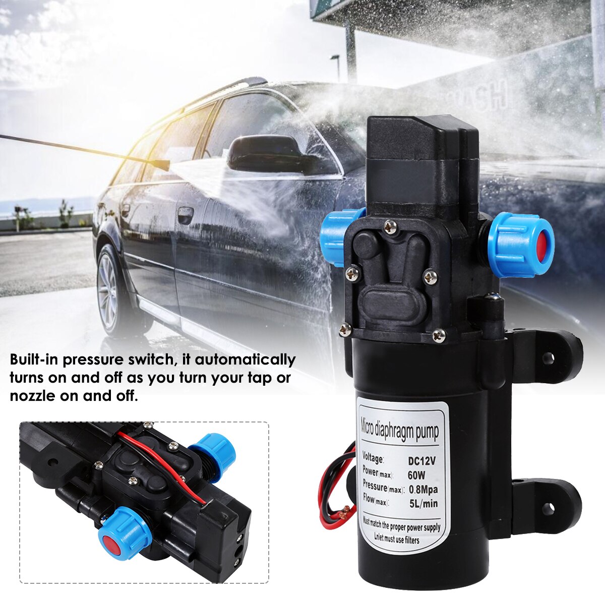 60W DC 12V High Pressure Water Pump 5L/min Self Priming Micro Diaphragm Pump Automatic Switch Car Vehicle Cleaning Pump 115PSI