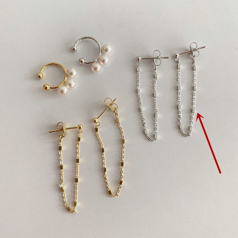 Huanzhi korea retro perlelegering øreklemme lang kvast øre linje metal ingen piercing øreringe til kvinder pige fest smykker: D sølv øreringe
