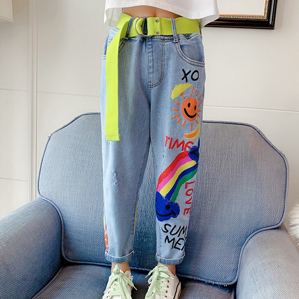 Offerte calde Jeans per ragazze adolescenti bambini 8 12 anni pantaloni Casual con stampa di Graffiti di alta qualità con pantaloni arcobaleno Cartoon