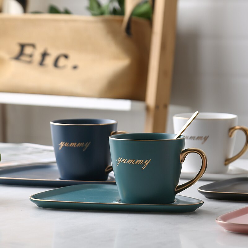 Creatieve Keramische Koffie Set Porseleinen Koffie Kop En Lade Met Gratis Lepel 250 Ml Nordic Stijl Tonen Plaat Voor Photogragh