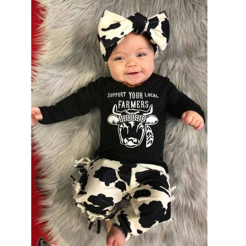 Nyfødt baby pige dreng ko t-shirt kvaster bukser pandebånd outfits tøj sæt