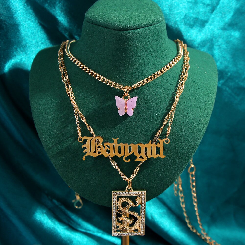 Collares de cristal multicapa con de mariposa y dragón para mujer, cadena de clavícula con letras de Ángel dorado Punk, joyería para de hip hop, novedad