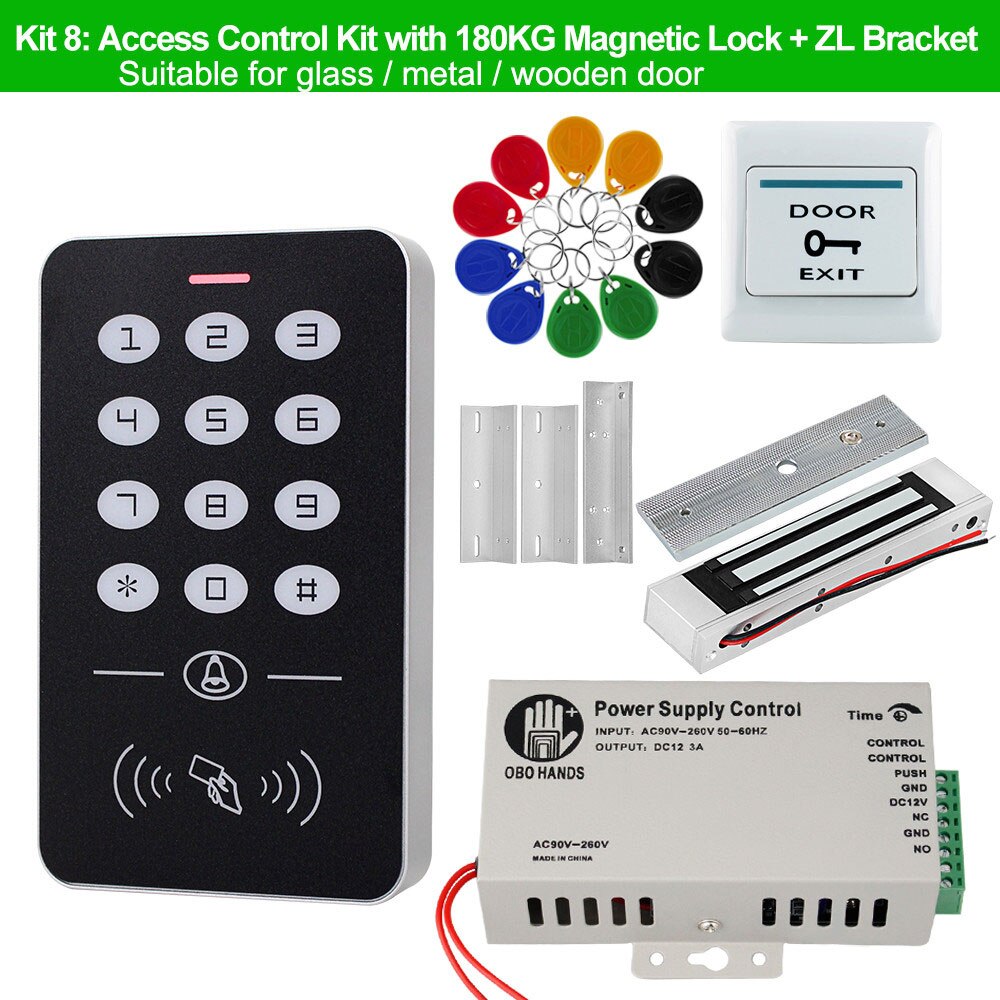 OBO Door Access Control System RFID Keypad EM Card Reader + Power Supply + Electronic Magnetic Lock Bolt Strike Locks for Home
