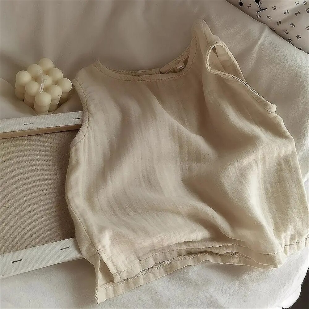 Maglietta senza maniche per bambina neonato camicia In lino di cotone antirughe giacca In maglia sottile allentata morbida In estate: apricot / 80cm