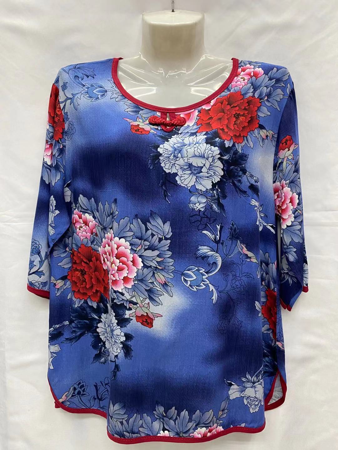 Katoen En Linnen Zomer Vrouwen Night T-shirt Moeder Drie-Kwart Mouwen Pyjama Tops Plus Size Losse gedrukt Roomewear: Blauw / 5XL