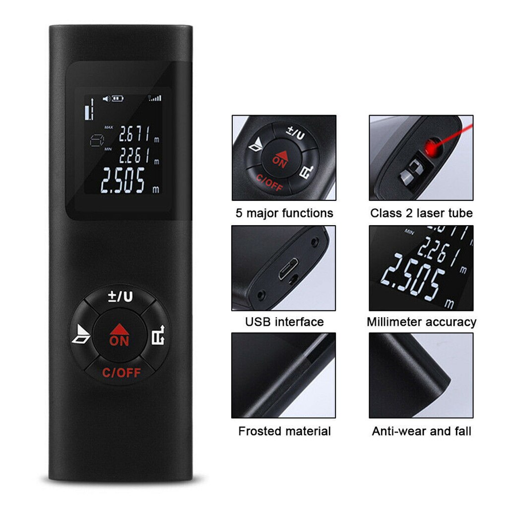 Mini håndholdt 40m smart digital afstandsmåler multifunktionelt rækkevidde måler bærbar usb opladningsafstandsmåler