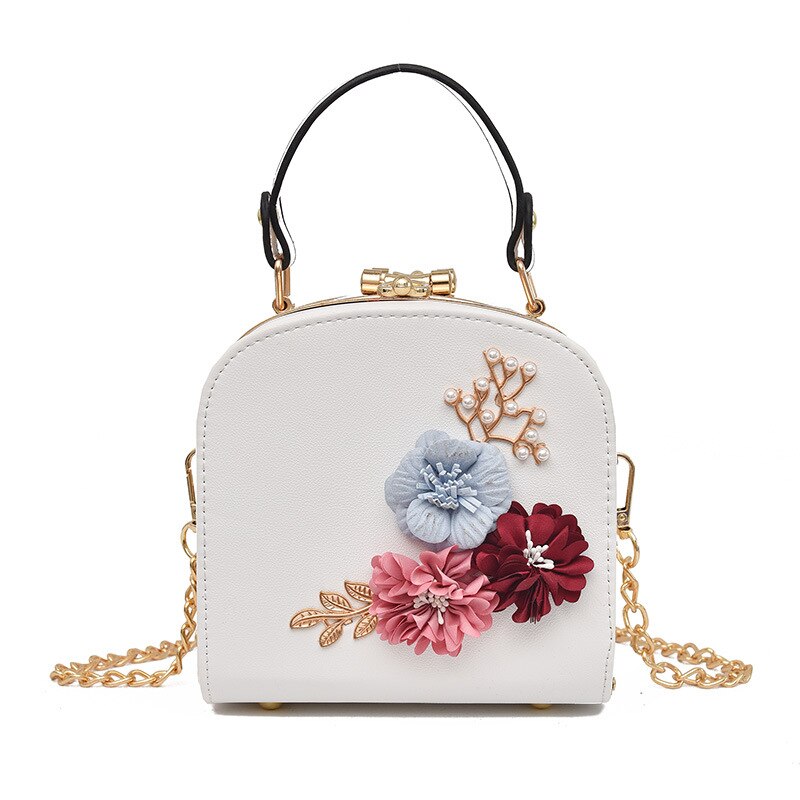 Handmade Flowers Bucket Bags Women Mini Shoulder Bags With Chain Drawstring Small Cross Body Bags Pearl Bags Leaves Decals: White