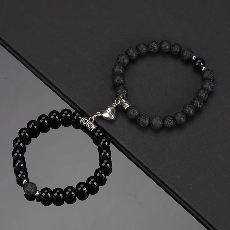 Pulsera de cuentas de piedra Natural para amantes, pulsera con imán de corazón de distancia, de joyería de de amistad, 2 piezas por juego: VERMEIL