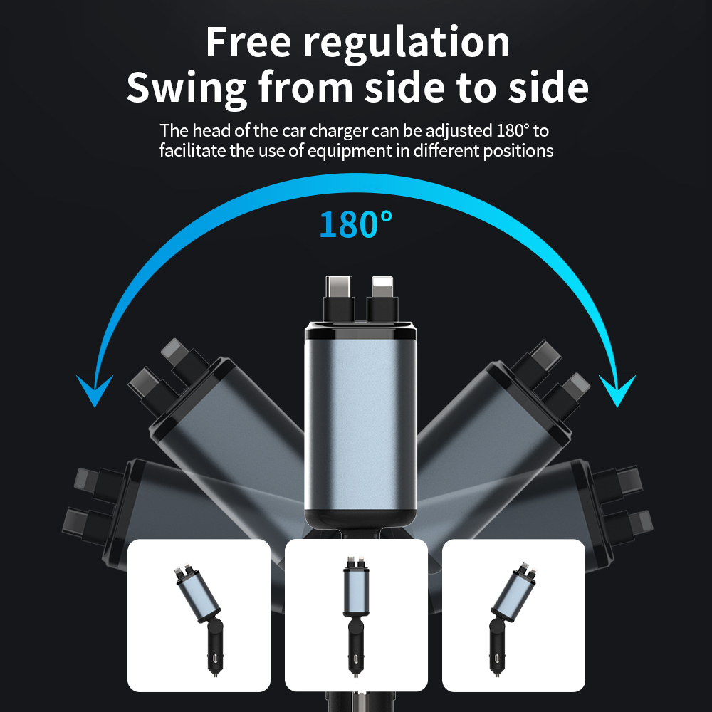 Intrekbare autolader, 4-in-1 snellaadautolader 66 W, intrekbare kabel en 2 USB-poorten, autoladeradapter compatibel