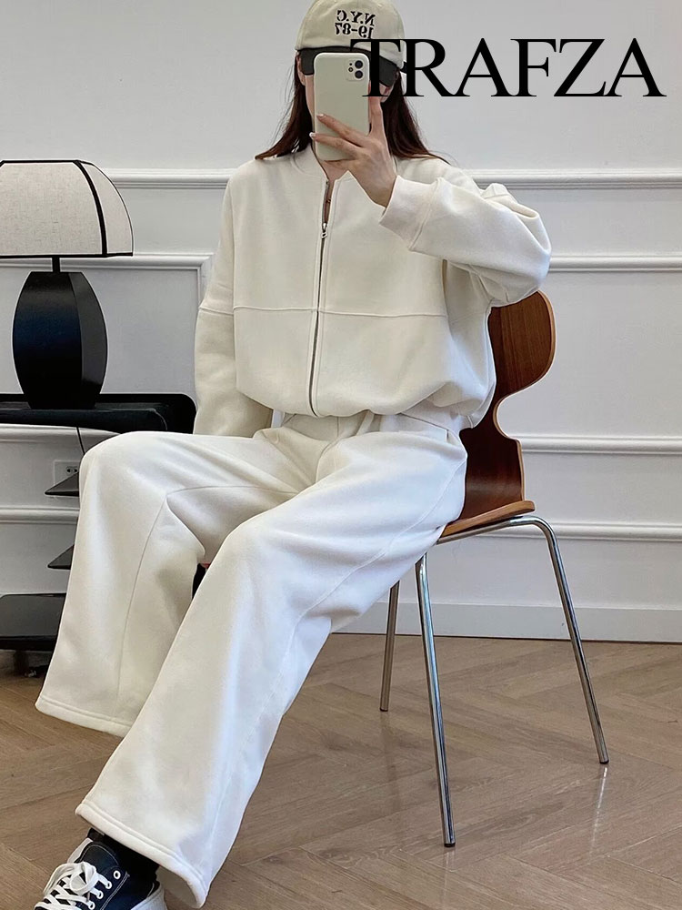 TRAFZA, chaqueta Bomber con cremallera de Color sólido Retro de 2 piezas para mujer, sudadera + traje de pantalones sueltos de terciopelo con cordones de cintura alta para mujer