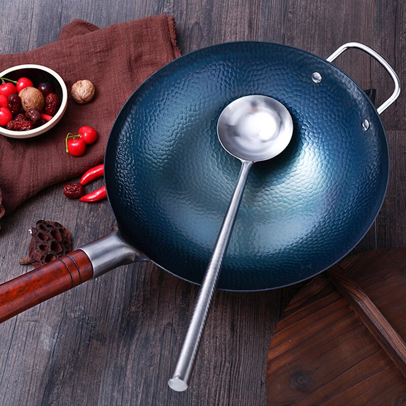Konco Handgemaakte Ijzeren Pot 32Cm Ongecoat Traditionele Ijzeren Wok Houten Handvat Non-stick Wok Gasfornuis Pan Keuken kookgerei