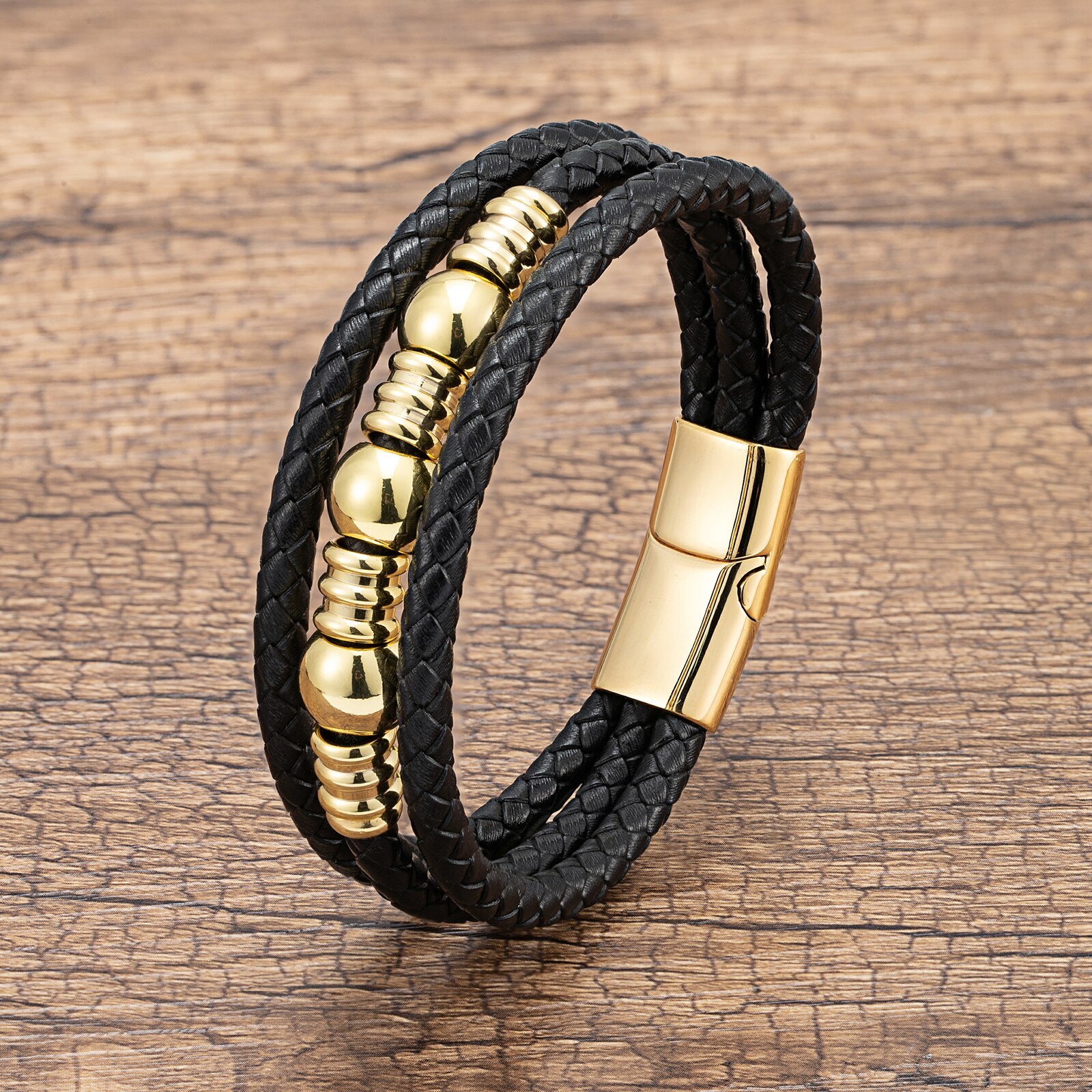 Hot Trend ręcznie tkane bransoletki ze skóry mężczyzn klasyczny Design koralik ze stali nierdzewnej bransoletka dla mężczyzn biżuteria prezent: Gold Metal / 23cm