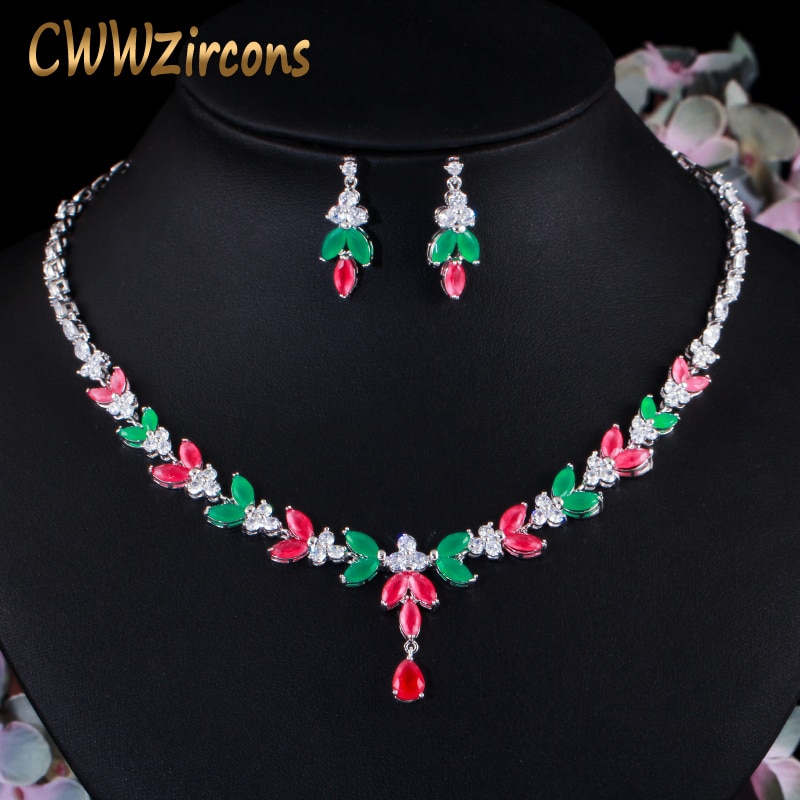 CWWZircons – ensemble de bijoux de mariage en pierre de zircone cubique, collier et boucles d&#39;oreilles, , africain, vert, rouge, T467