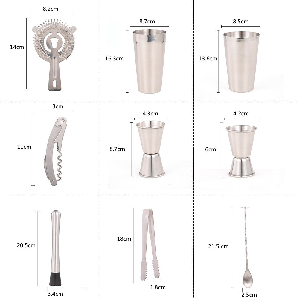 Stainless Steel Bar Sets 9pcs/set Bar Set Red Wine Boston Cocktail Shaker Gin Drink Set Kit For Bar