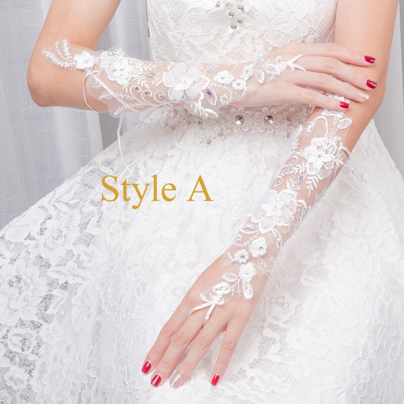 Guantes largos elegantes sin dedos para boda tul transparente perlas cristales Apliques de encaje guantes de mujer para novia: Style A