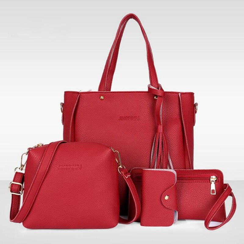 Moda de quatro peças bolsa de ombro saco do mensageiro bolsa carteira mulher bolsa de couro durável retro bolsa de ombro sac principal femme: Red