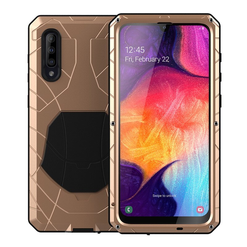 Für Samsung Galaxy A50 Telefon Fall Harte Aluminium Metall Gehärtetem Glas Screen Protector Abdeckung Heavy Duty Schutz Silicon Abdeckung: gold