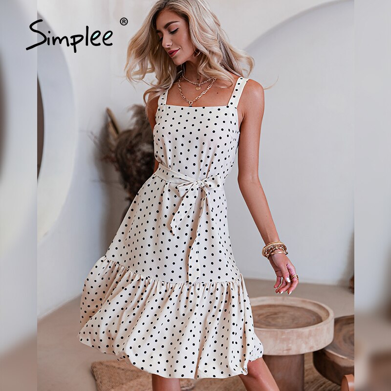 Simplee Casual Polka Dot Spaghetti Strap Women Dress Summer Summer midi Sleeveless Vestidos lace-up ladies dresses: L