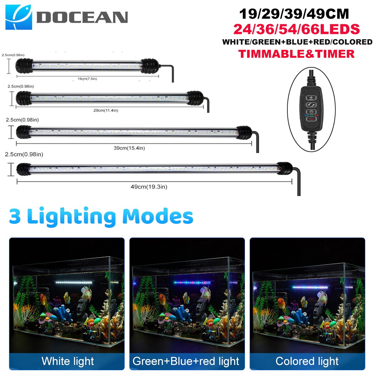 DOCEAN Aquarium Licht Tauch LED Aquarium Lampe 19/29/39/49CM EU Stecker Wasserdicht mit Timer Dimmbare 3 Farbe Modi Beleuchtung