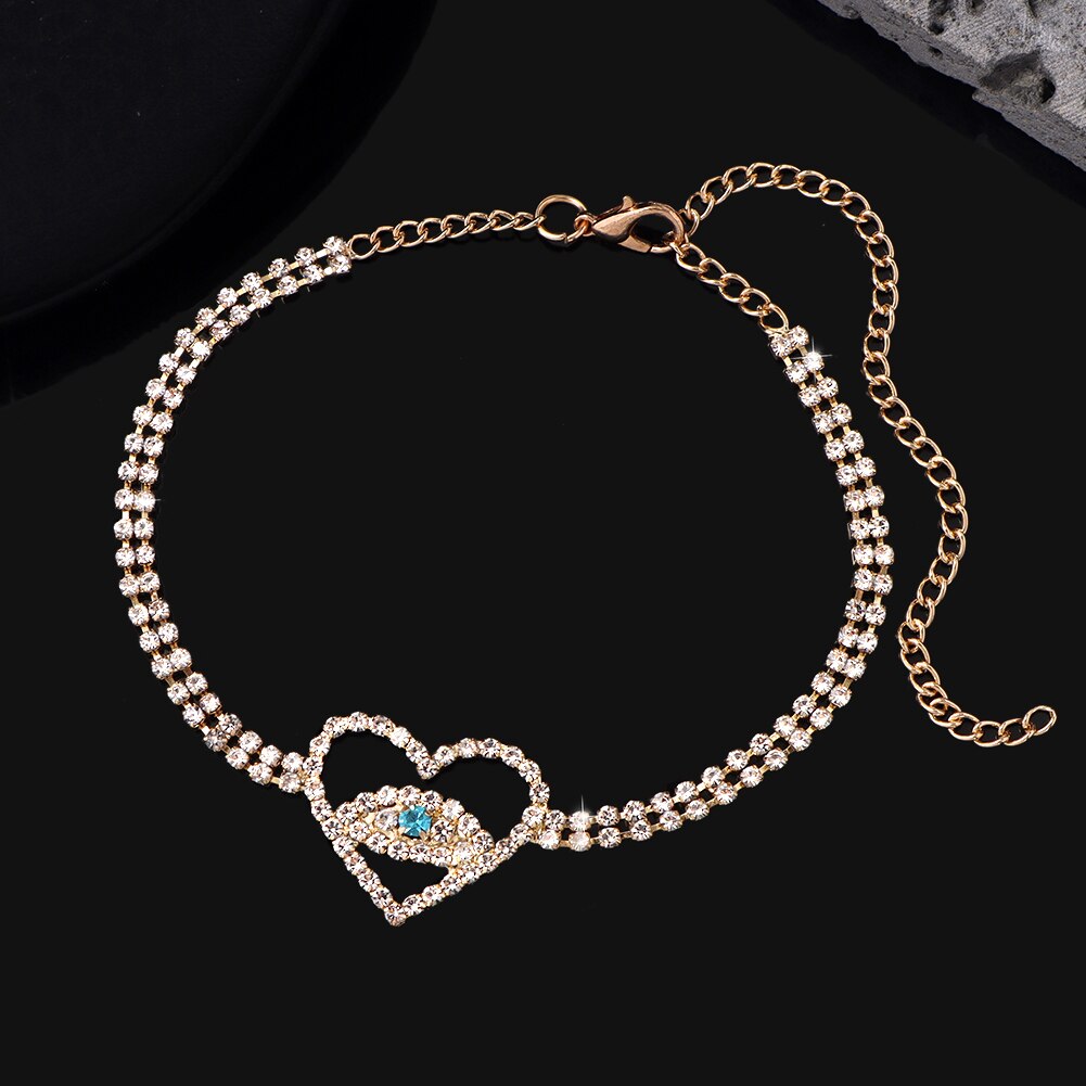 Glänsande kristall tennis fotled för kvinnor guld silver färg strass onda ögon fot armband armband kvinnliga bröllop bal smycken: J014701gd