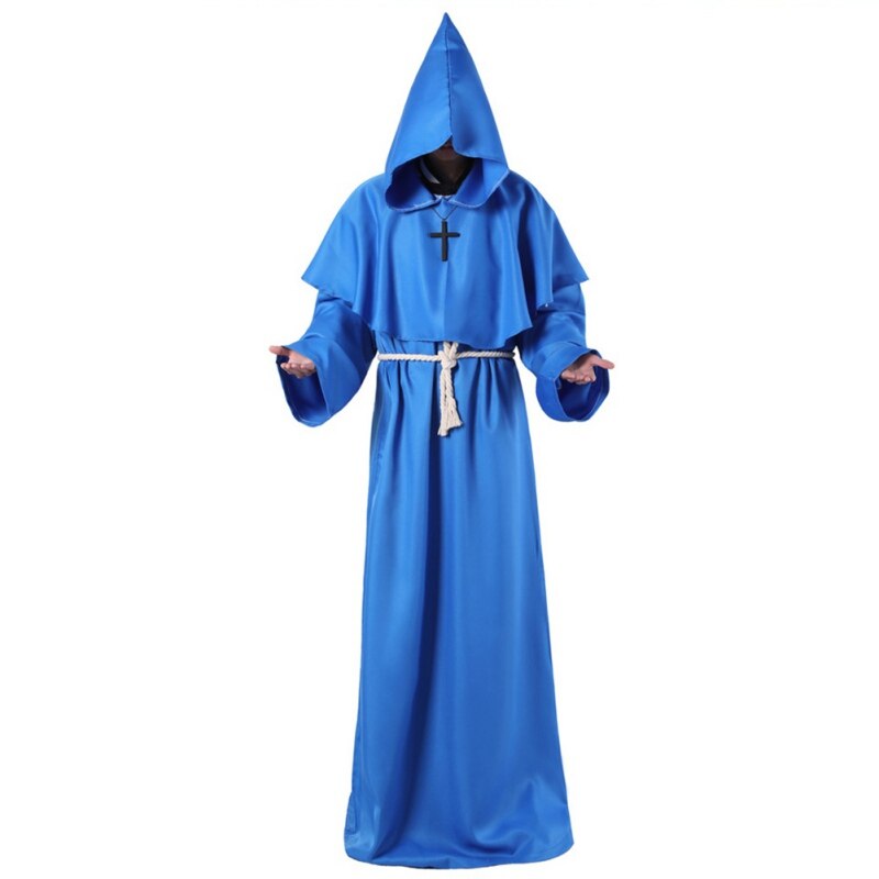 Halloween Monk Hooded Robes Cloak Cape Friar Medieval Renaissance Priest Men Robe Clothes Comic Con Party Cosplay Costume: Blue / XL