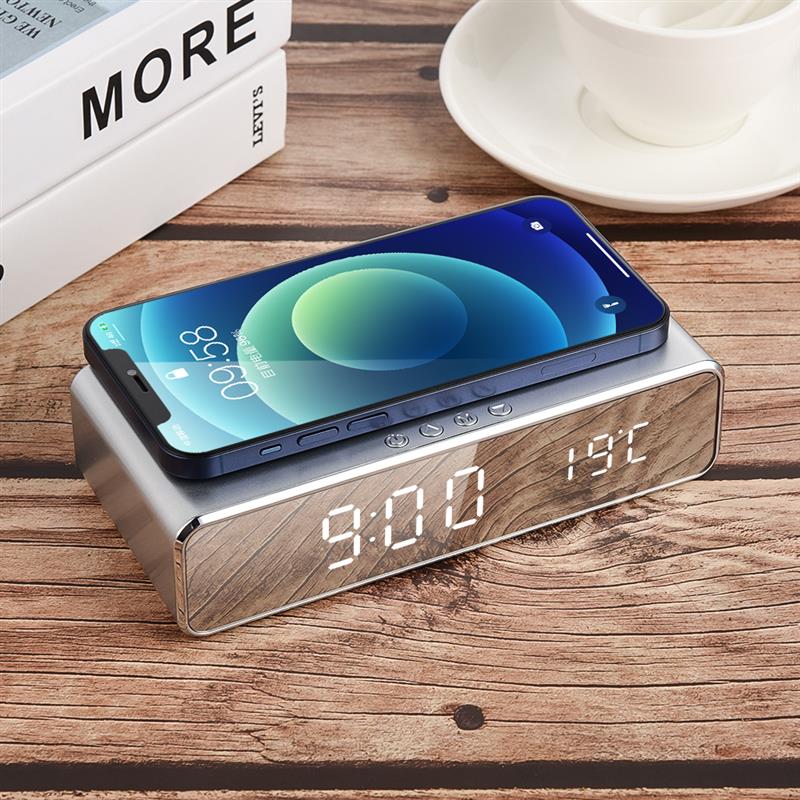 LED Electric Alarm Clock With Phone Charger Wireless Desktop Digital Thermometer Clock HD Clock Mirror With Time Memory