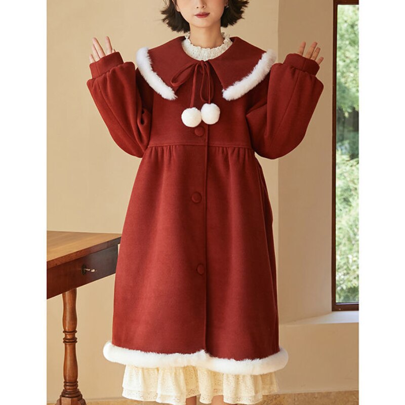 Winter Kawaii Wool Coat Women Patchwork Japanese Fur Sweet Warm Overcoat Female Korean Style Loose Trench Long Outwear Coat