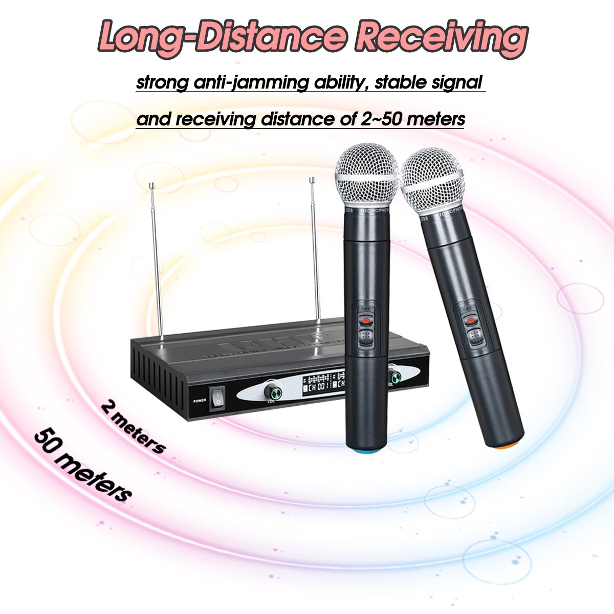 Dual Handheld VHF Wireless Microphone System Cordless Mic Receiver Microphones Karaoke with 2 Microphones