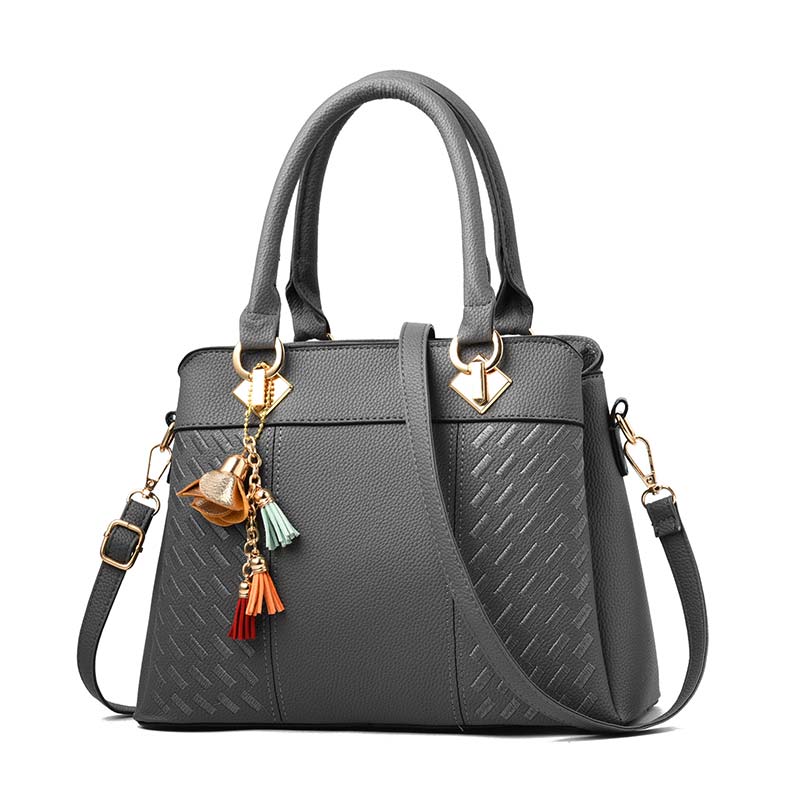 Mode Vrouwen Handtassen Tassel PU Leer Totes Bag Top-handvat Borduurwerk Crossbody Tas Schoudertas Dame Eenvoudige Stijl Hand tassen: Grijs