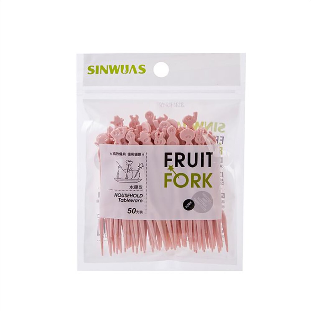 50Pcs Huishoudelijke Leuke Fruit Vork Set Plastic Wegwerp Fruit Teken Huishoudelijke Cake Fruit Salade Kleine Vork: Pink