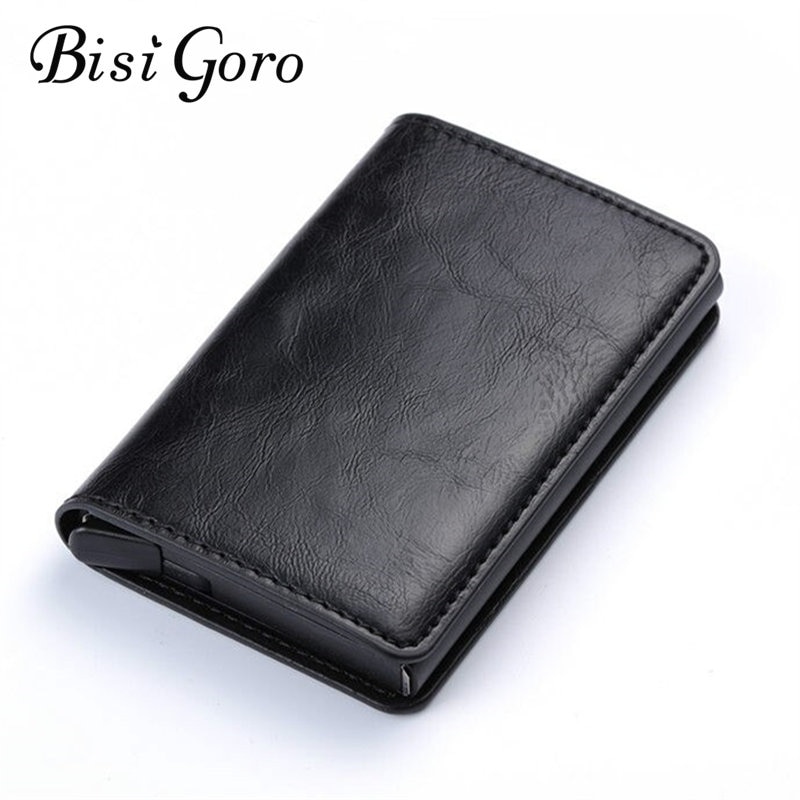 Bisi Goro Business Credit Card Holder Unisex Metal RFID Vintage Single Box Crazy Horse PU Leather Card Wallet