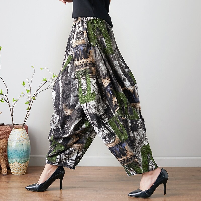 China Style Baggy Harem Pants Women Causal Print Cross-Pants Loose Trousers Lantern Wide Leg Cotton Linen Retro Pants Plus 11435