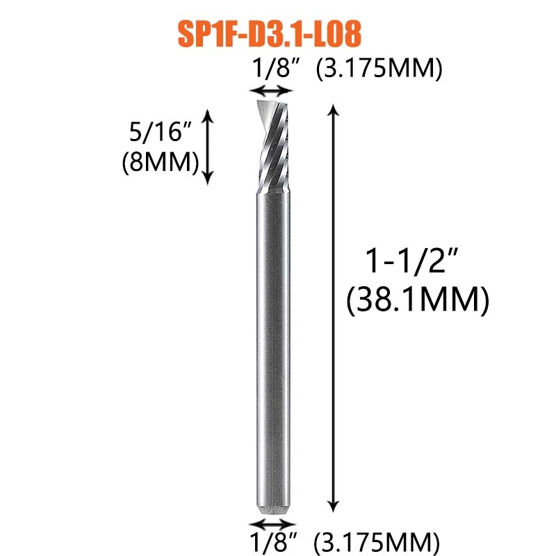 Dreanique 1pc Single Flute Spiral End Mill 1/8 1/4Inch Shank CNC Carbide Aluminum Inch Size Cutter for woodworking Acrylic ACM: 23mm