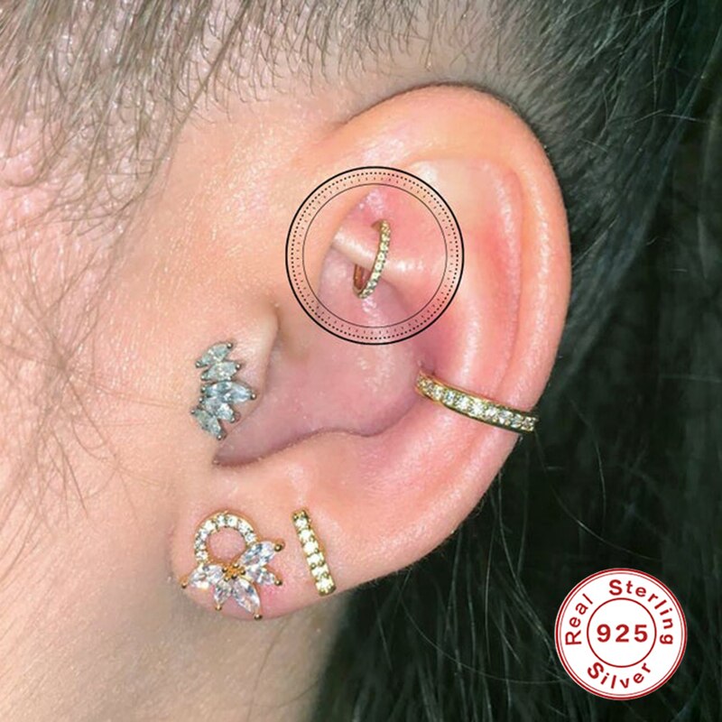 ROXI-Pendientes de aro redondos geométricos para mujer, aretes de cristal de circón blanco de 6/8mm, joyería de plata de ley 925 para cartílago