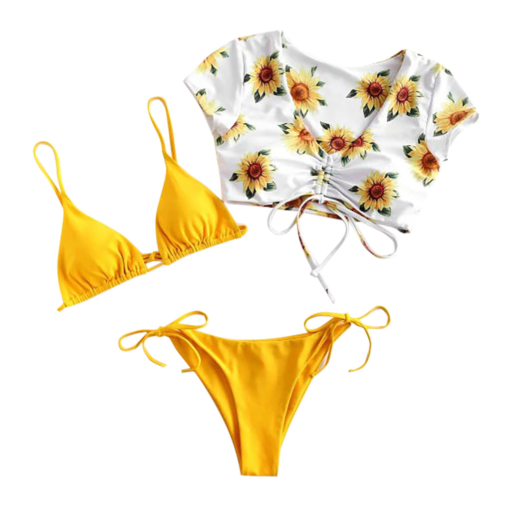 Newest Bathing Suit Women's Biquini Sunflower Print Lengerie Three Split Underwears Push Up Padded Intimates Traje de baño