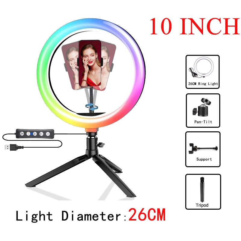 8 Inch /10 Inch Dimmable RGB LED Selfie Ring Fill Light Photo Ring Lamp with Tripod Two Adjustable for Makeup Video Live: Navy Blue