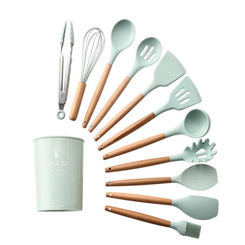 Green Silicone Cooking Tools Heat Resistant Kitchen Utensils Accessories Sets Environmental Friendly Home Appliances Gadgets: 12 PCS