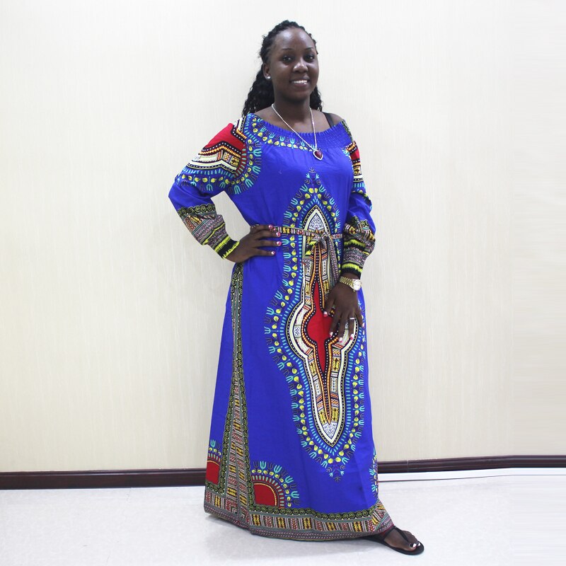 African Dashiki Off Shoulder Long Sleeve Blue Cotton Print Long Dress: Blue