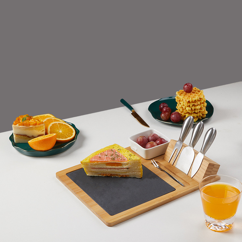 Slate Cheese Board Set with Silverware Forks Knives Premium Acacia Wood Serving Tray Cutting Tools Porcelain Ceramic Olive Dish