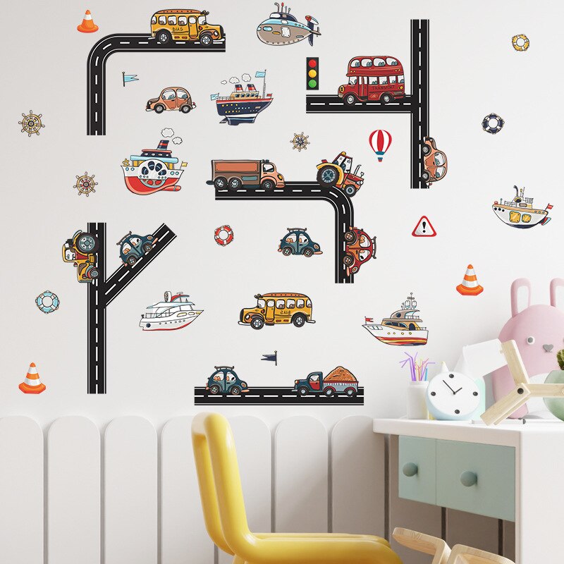 Cartoon Road Car Bus Ship Traffic Removable Wall Stickers PVC Decals Mural Home Decor Art for Kids Nursery Baby Boy Room Posters