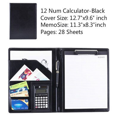 Étui de rangement A4 en cuir PU Business Padfolio, classeur Vintage Business Manager, dossier de bureau avec calculatrice: 12 Num Black C