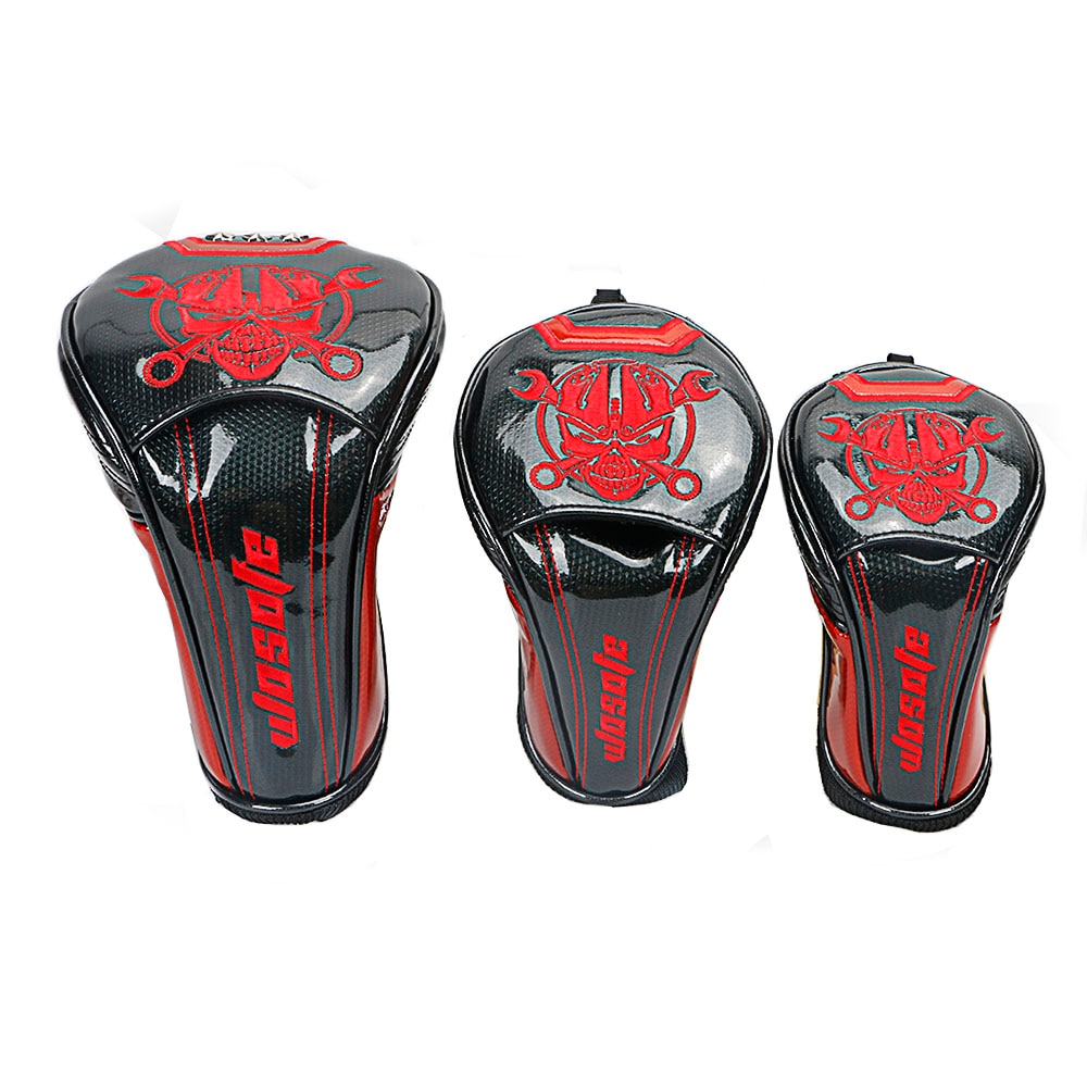 Golf Club Headcovers 1# Driver 3# 5# Wood # Hybrid Cover PU Leather with red Skull embroidery Head Covers