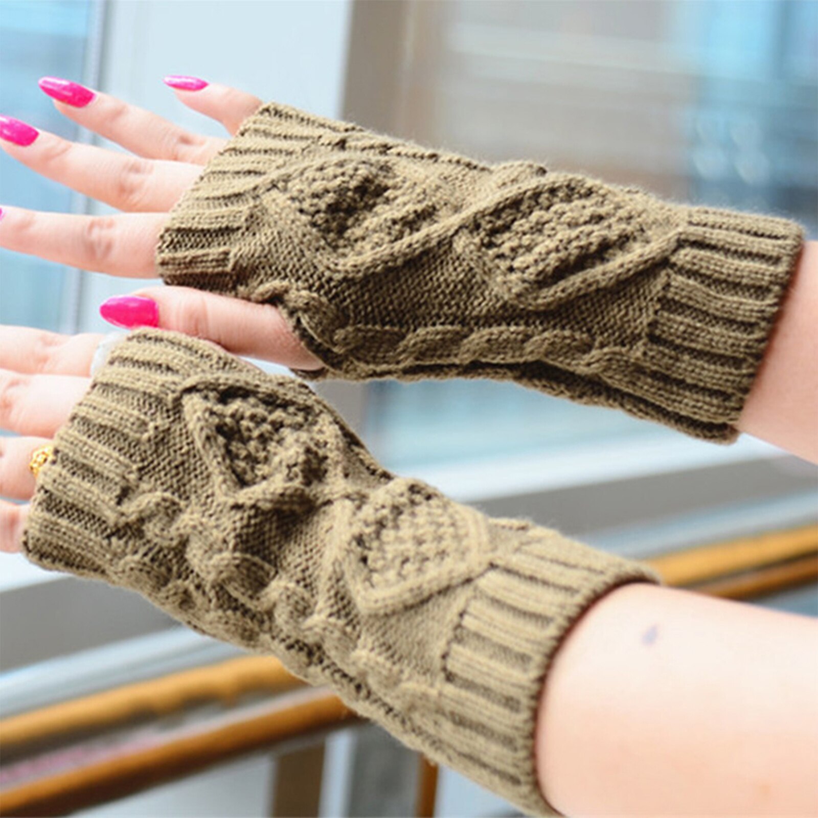 1Pair Warm Knit Fingerless Half Finger Mittens Gloves For Women Winter Outdoor Business Accessories 20cm