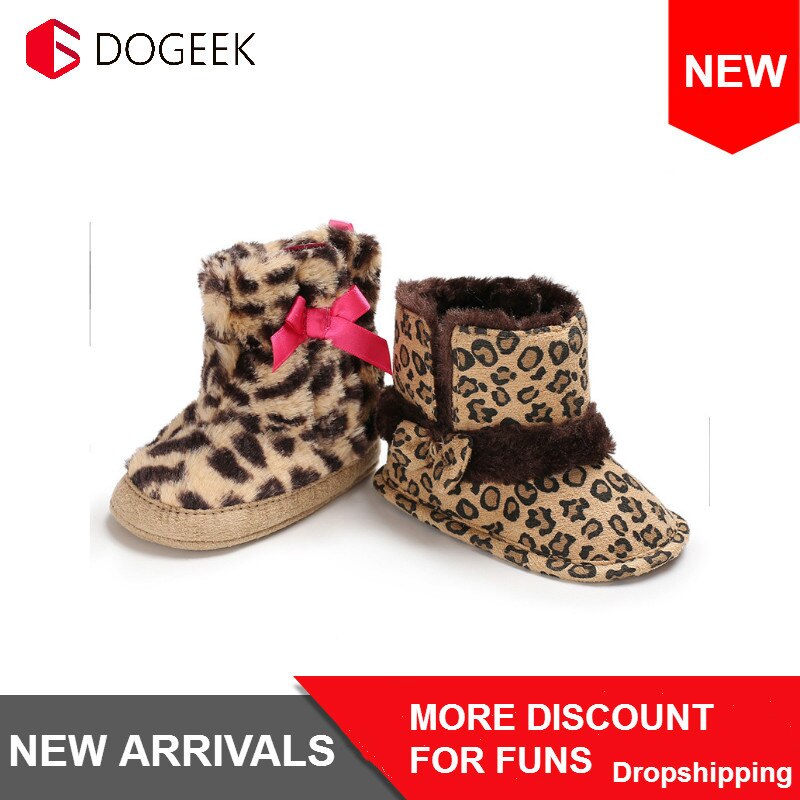 DOGEEK 0-1 yaşındaki kış sıcak kadın bebek ayakkabıları leopar desen ve peluş kar botları yumuşak taban bebek ayakkabı bebek ayakkabıları