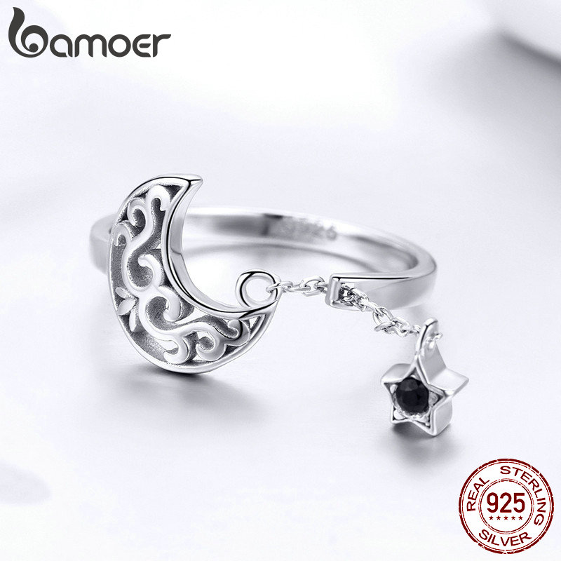 Bamoer Echt 925 Sterling Zilveren Maan En Ster Lange Ketting Ster Verstelbare Vinger Ring Voor Vrouwen Sterling Zilveren Sieraden SCR479