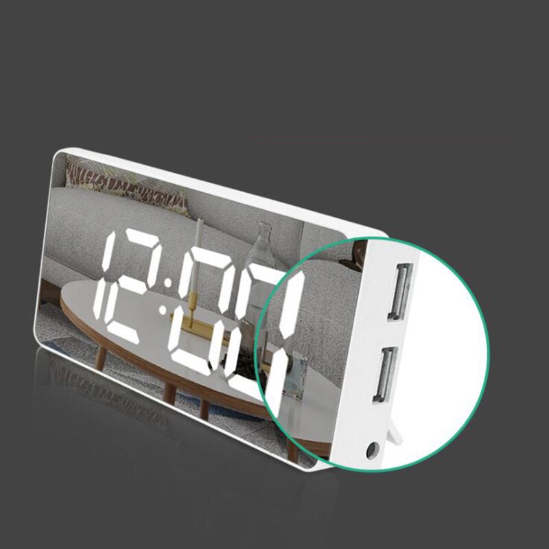 5.9 inch Mirror LED Alarm Clock Snooze Digital Clock Bedroom Dimmer Wake Up Light With Dual USB Charge Port Time Memory Function
